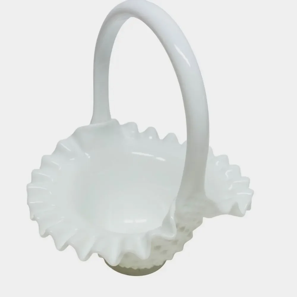 Vintage Granny Chic FENTON Milk Glass Hobnail Cottage Decor Shabby Chic Basket